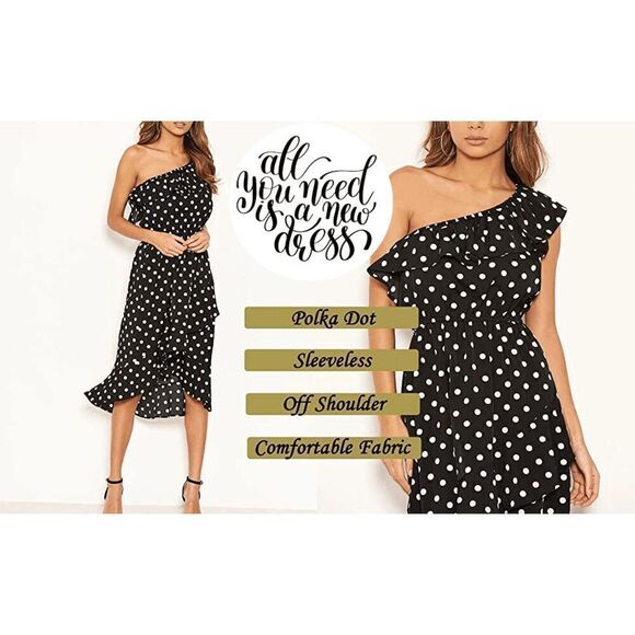 One Shoulder Ruffle Cute Polka Dot Elastic Waist Hi-Lo Flowy Dress SIZE M NEW - Picture 3 of 16